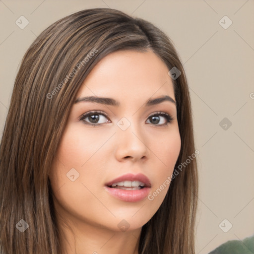 Neutral white young-adult female with long  brown hair and brown eyes