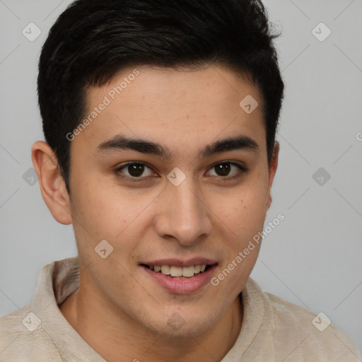 Joyful latino young-adult male with short  brown hair and brown eyes