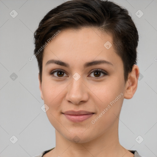 Joyful white young-adult female with short  brown hair and brown eyes