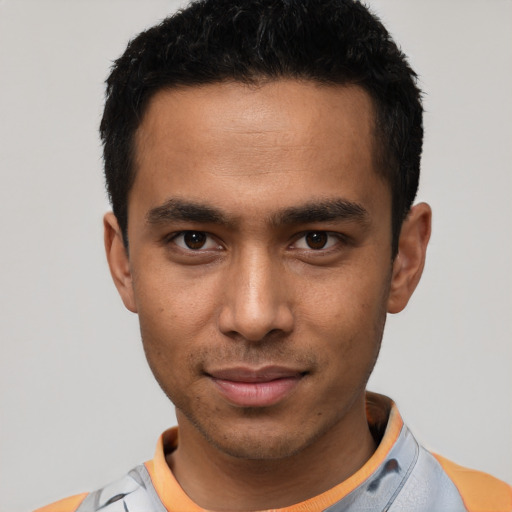 Neutral white young-adult male with short  black hair and brown eyes