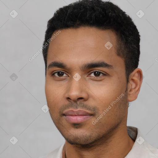 Neutral latino young-adult male with short  black hair and brown eyes