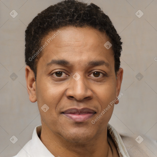 Joyful latino adult male with short  brown hair and brown eyes