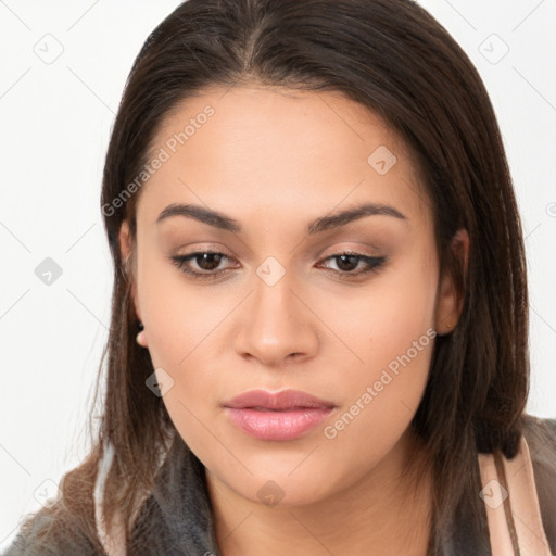 Neutral white young-adult female with long  brown hair and brown eyes