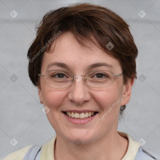 Joyful white adult female with short  brown hair and brown eyes