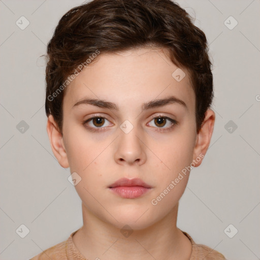 Neutral white young-adult female with short  brown hair and brown eyes