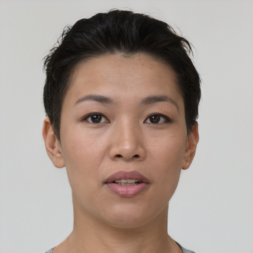 Joyful asian young-adult female with short  brown hair and brown eyes