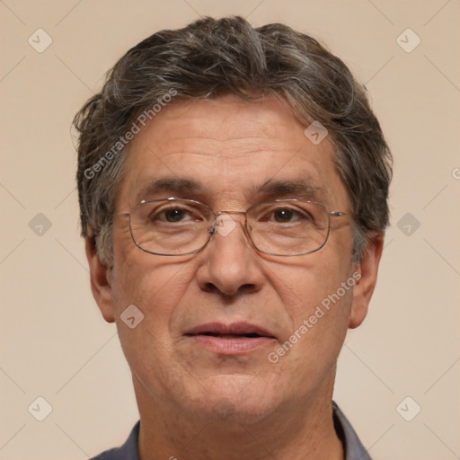 Joyful white middle-aged male with short  brown hair and brown eyes