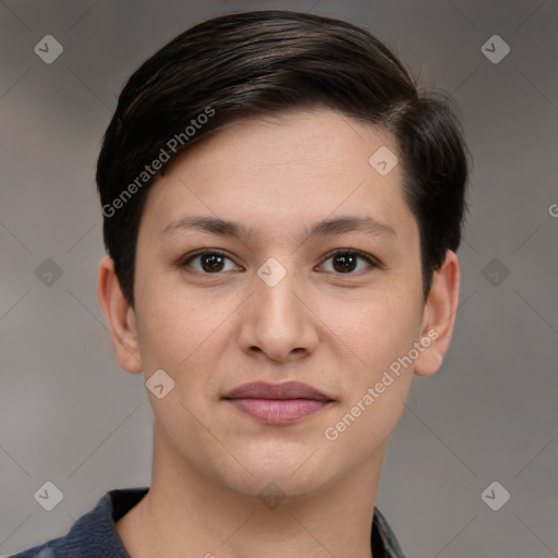 Joyful white young-adult female with short  brown hair and brown eyes