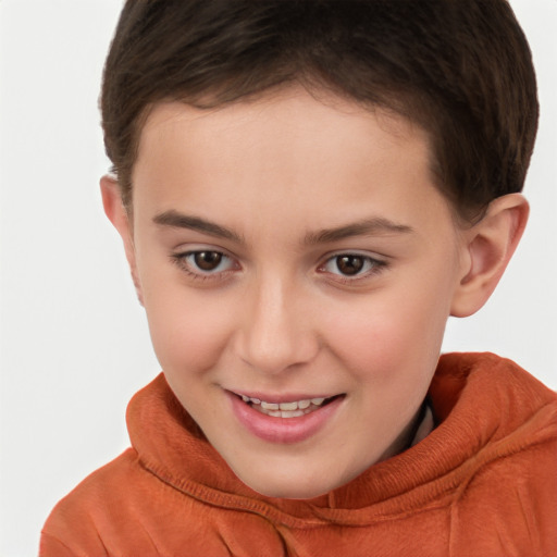 Joyful white child female with short  brown hair and brown eyes