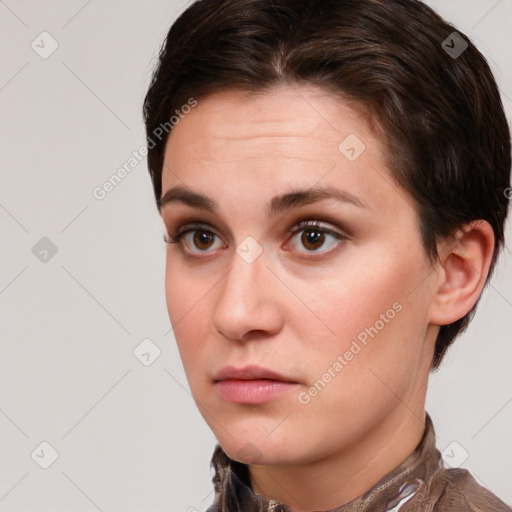 Neutral white young-adult female with short  brown hair and brown eyes