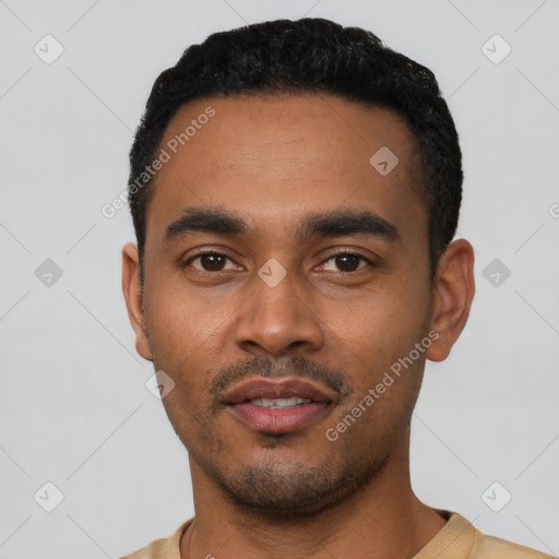 Neutral latino young-adult male with short  black hair and brown eyes