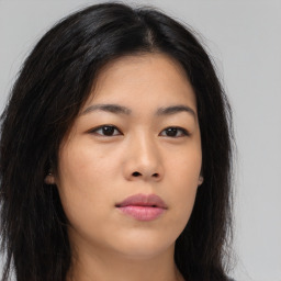 Neutral asian young-adult female with long  brown hair and brown eyes