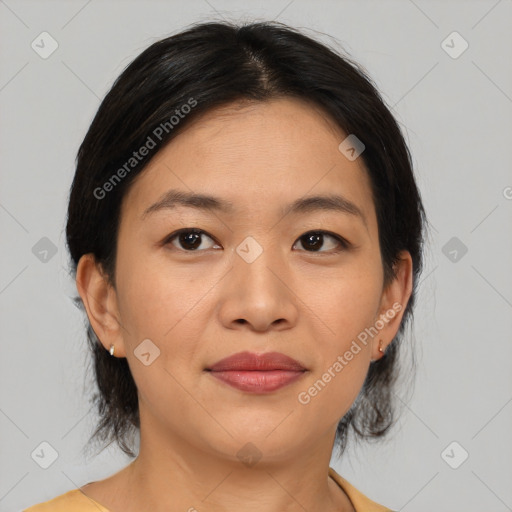 Joyful asian young-adult female with medium  brown hair and brown eyes