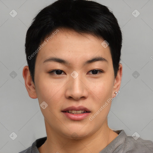 Joyful asian young-adult female with short  black hair and brown eyes