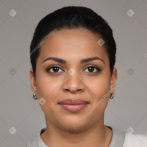 Joyful latino young-adult female with short  brown hair and brown eyes