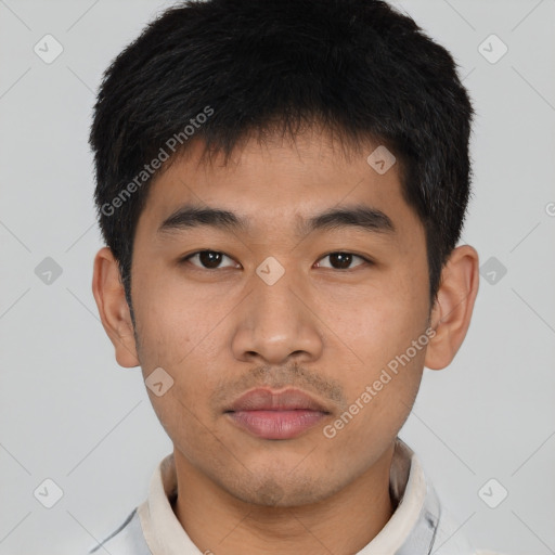 Neutral asian young-adult male with short  brown hair and brown eyes