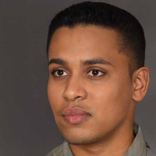 Neutral black young-adult male with short  black hair and brown eyes