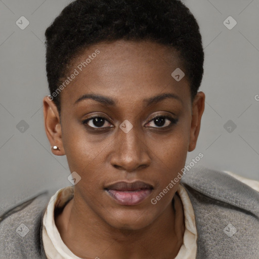 Neutral black young-adult female with short  brown hair and brown eyes