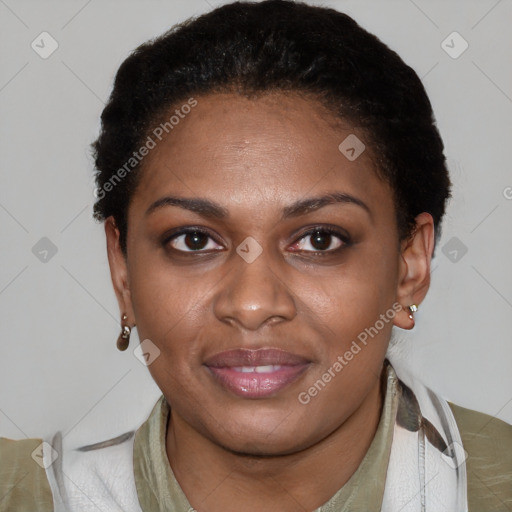 Joyful latino young-adult female with short  brown hair and brown eyes