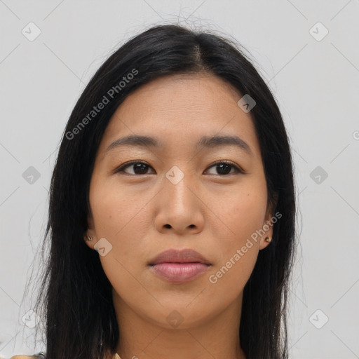 Neutral asian young-adult female with long  black hair and brown eyes