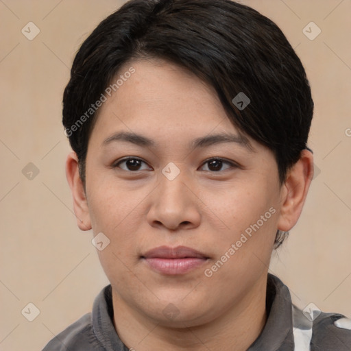 Joyful asian young-adult female with short  brown hair and brown eyes