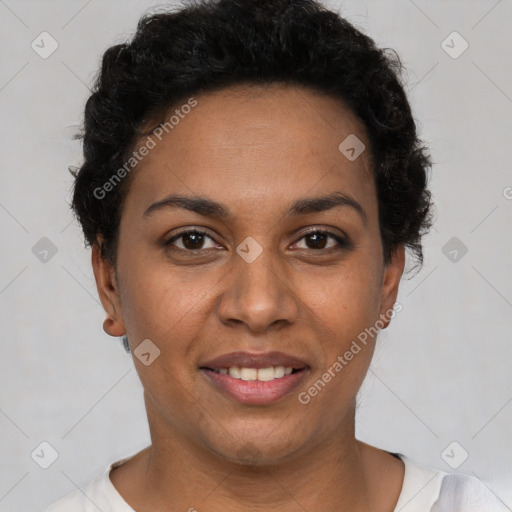 Joyful latino young-adult female with short  black hair and brown eyes