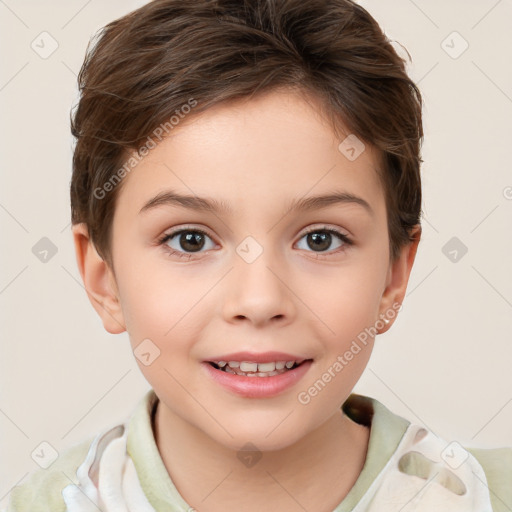 Joyful white child female with short  brown hair and brown eyes