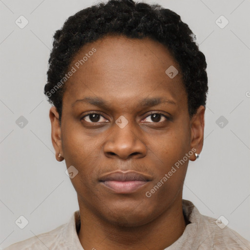 Neutral black young-adult female with short  brown hair and brown eyes