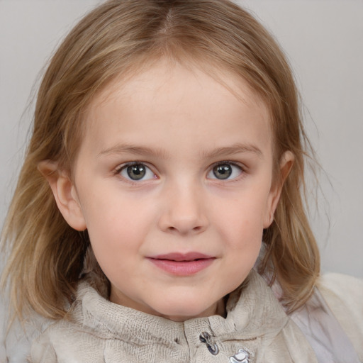 Joyful white child female with medium  brown hair and blue eyes