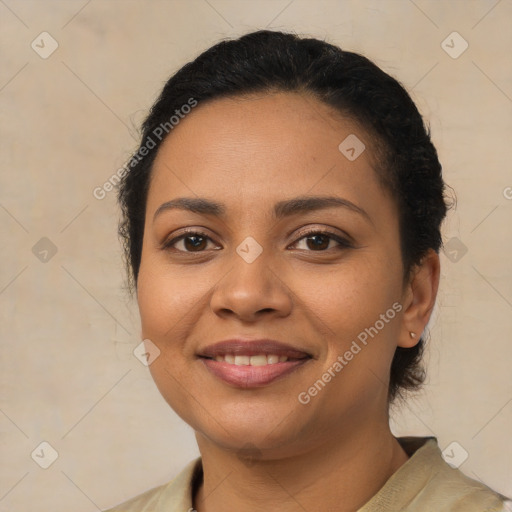 Joyful latino young-adult female with short  brown hair and brown eyes