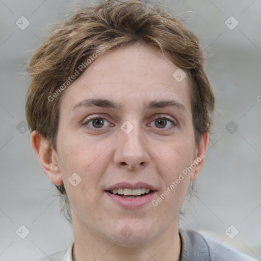 Joyful white adult female with short  brown hair and grey eyes