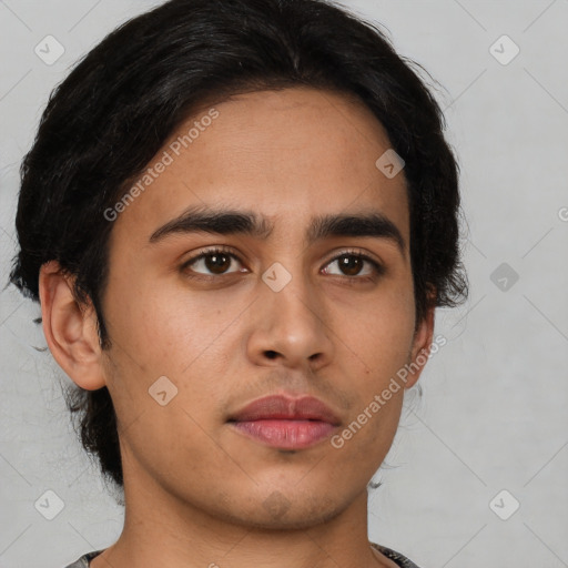 Neutral latino young-adult male with short  brown hair and brown eyes