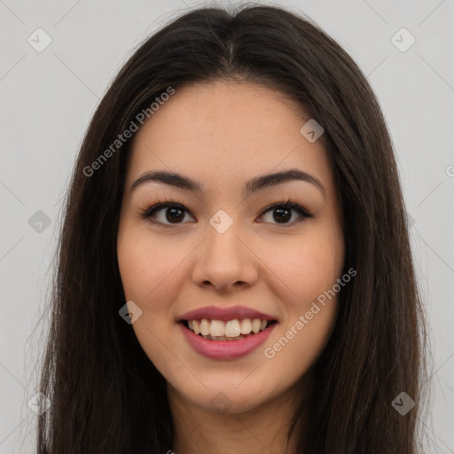 Joyful latino young-adult female with long  brown hair and brown eyes