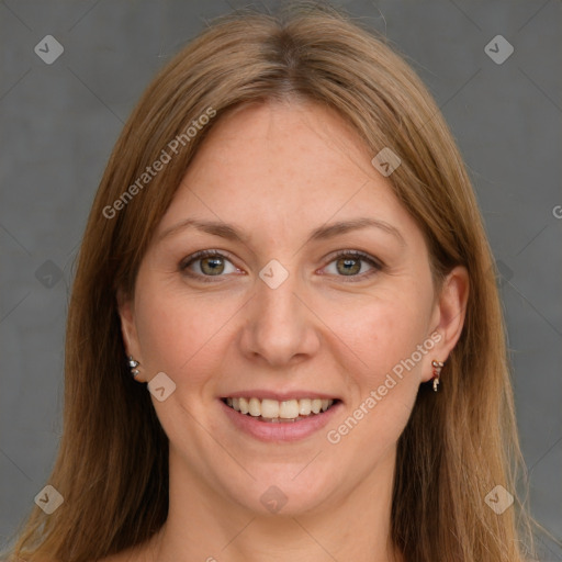 Joyful white young-adult female with long  brown hair and grey eyes