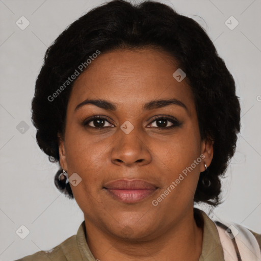 Joyful black young-adult female with medium  black hair and brown eyes