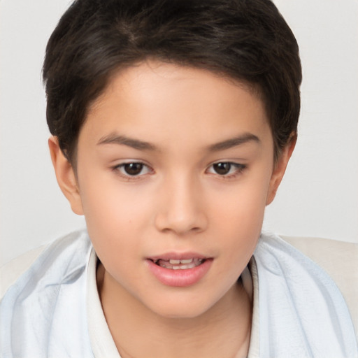 Joyful white child female with short  brown hair and brown eyes