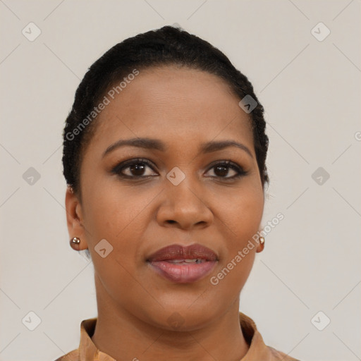 Joyful latino young-adult female with short  brown hair and brown eyes