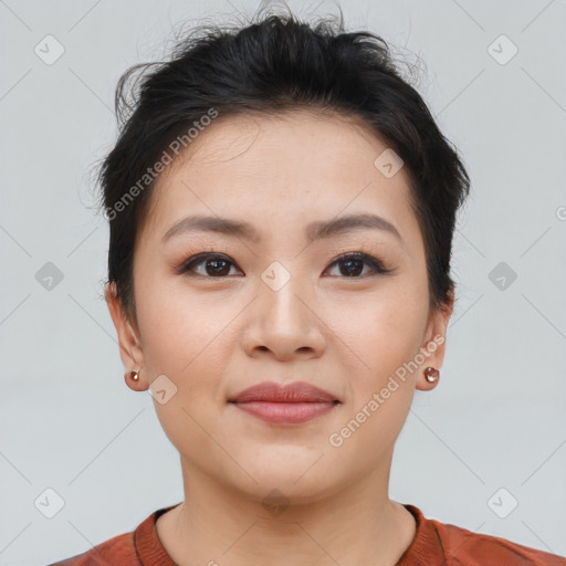 Joyful asian young-adult female with short  brown hair and brown eyes