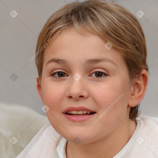 Joyful white child female with medium  brown hair and brown eyes