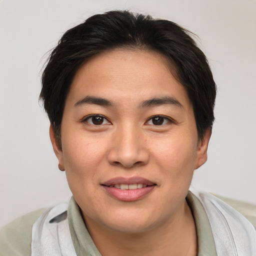 Joyful asian young-adult female with short  brown hair and brown eyes