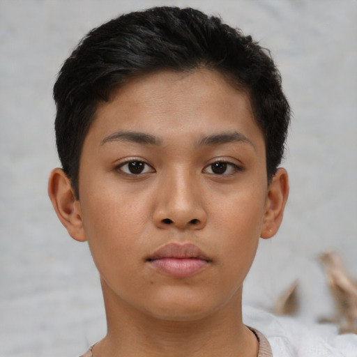 Neutral asian young-adult female with short  brown hair and brown eyes