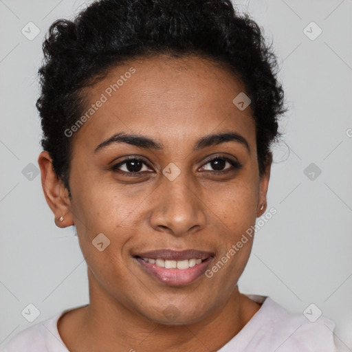 Joyful latino young-adult female with short  brown hair and brown eyes