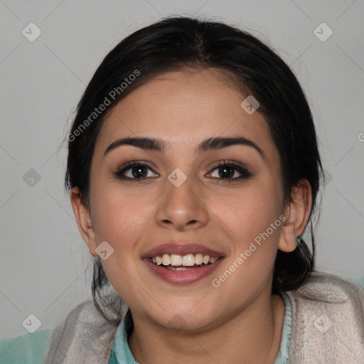 Joyful white young-adult female with medium  brown hair and brown eyes