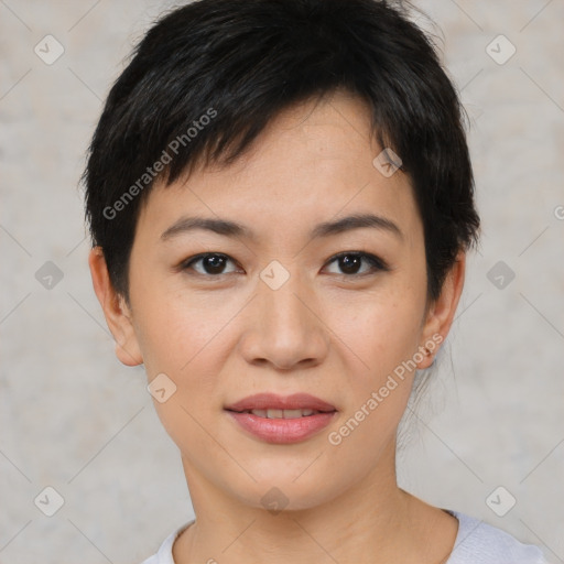 Joyful asian young-adult female with short  brown hair and brown eyes