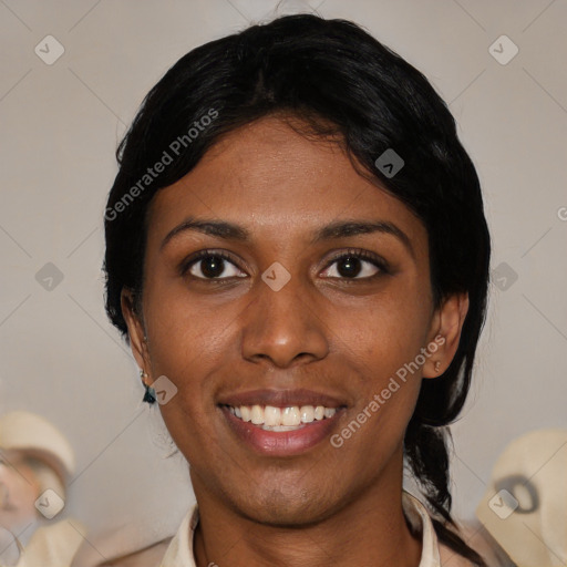 Joyful asian young-adult female with medium  black hair and brown eyes