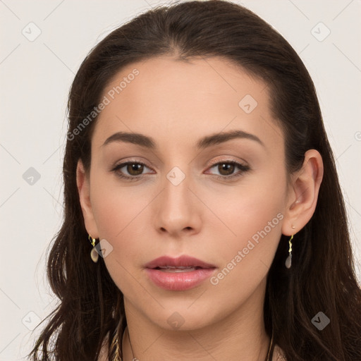 Neutral white young-adult female with long  brown hair and brown eyes