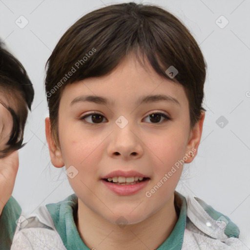 Joyful white child female with medium  brown hair and brown eyes