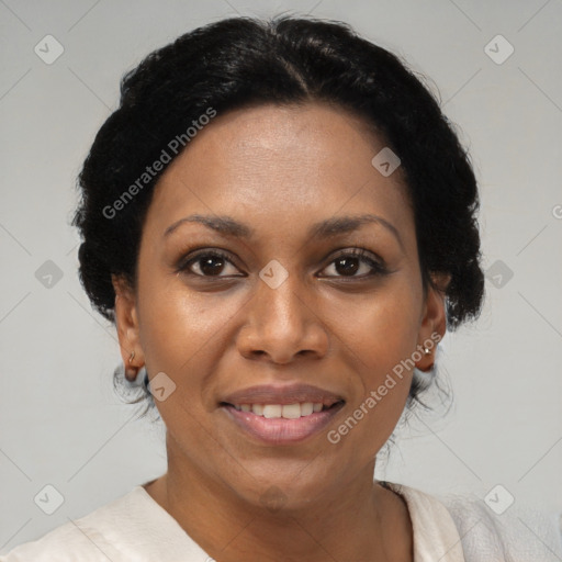 Joyful black adult female with short  black hair and brown eyes