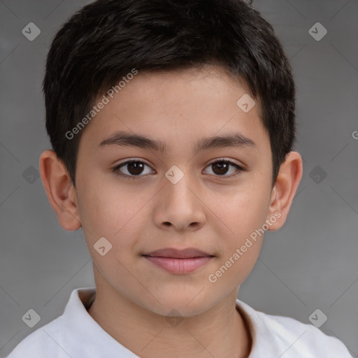 Joyful white child male with short  brown hair and brown eyes