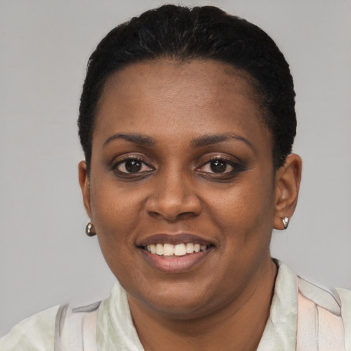 Joyful black young-adult female with short  black hair and brown eyes